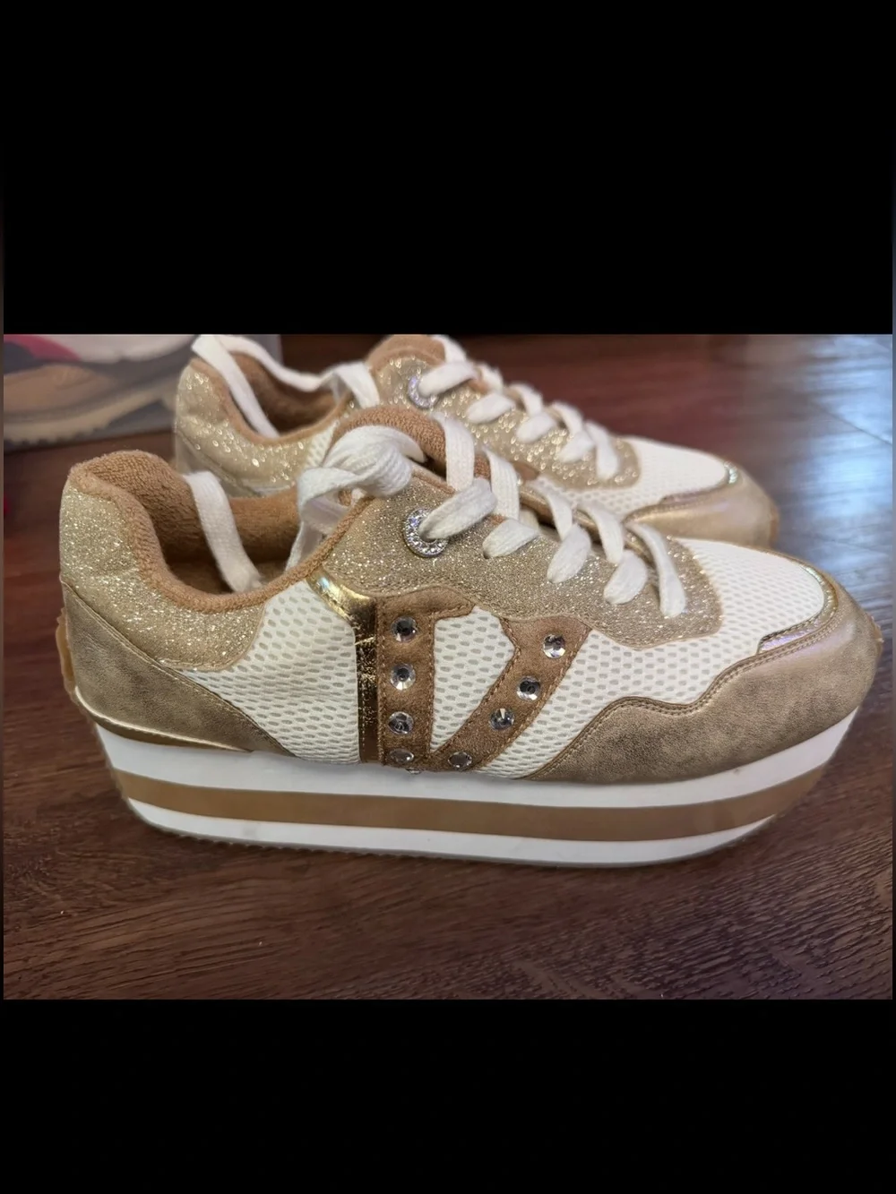 Volatile Gold and White Platform Sneakers